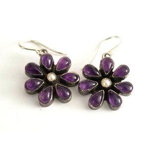 Beautiful Artisan Made Sterling Silver Amethyst & Pearl Floral Earrings JS 55